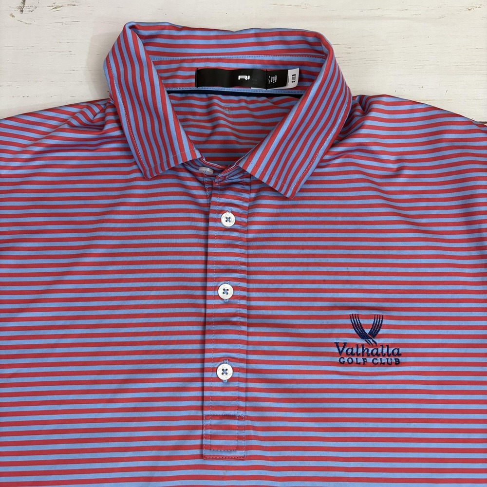 RLX Ralph Lauren Polo Shirt Mens L Red Blue Striped Valhalla Golf Club Golf Logo